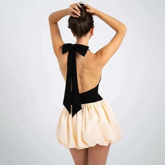 Sleeveless Puff Patchwork Mini Dress