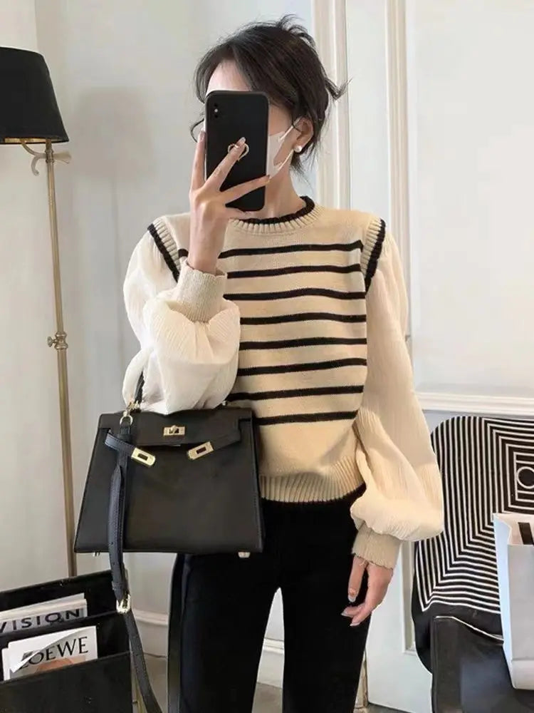 Black & White Striped Knit Patchwork Sleeve Pullover