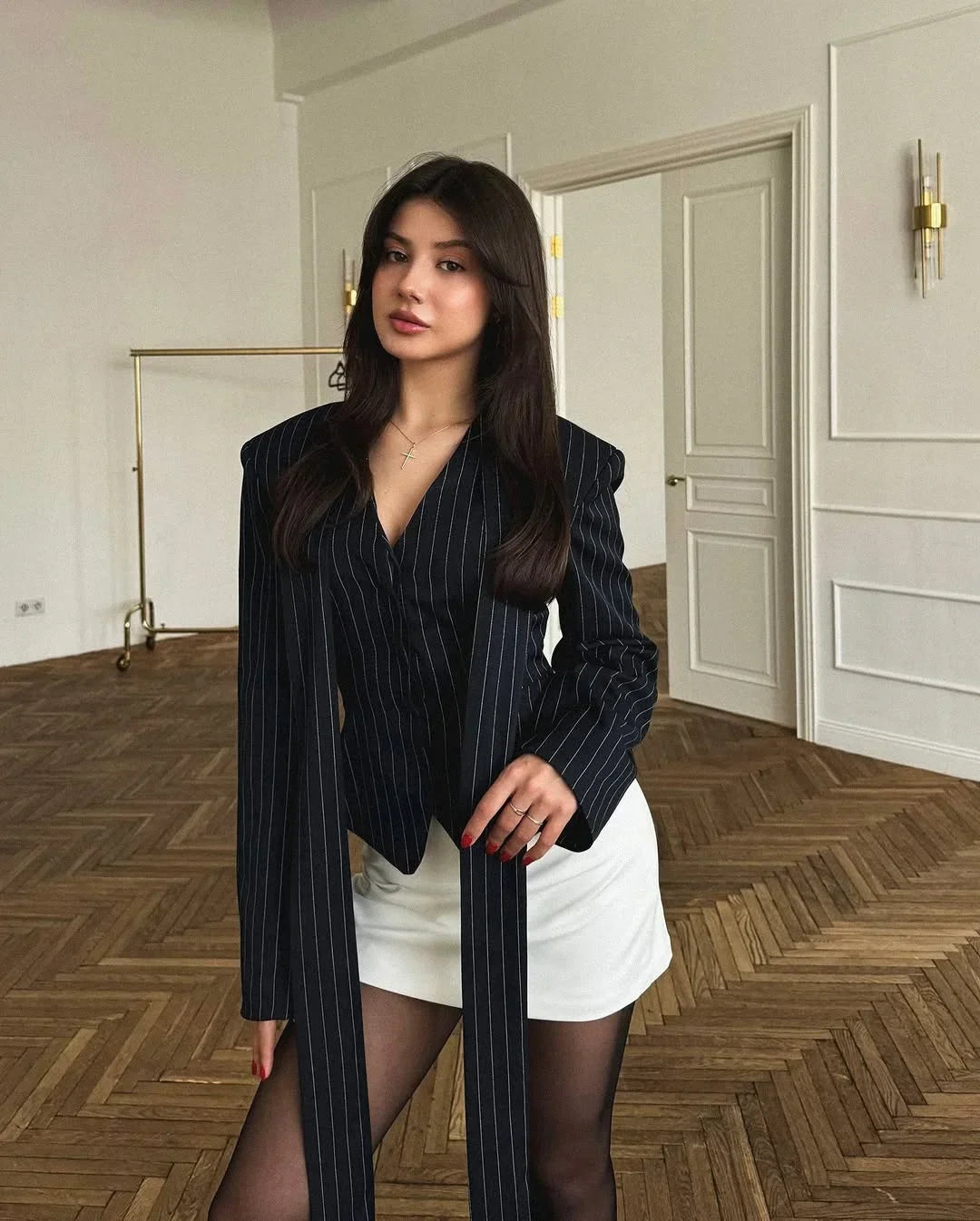 Stripe Tailored Coat With Scarf Top