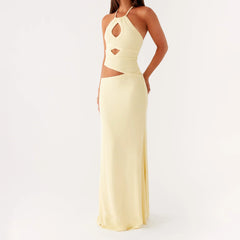 Cutout Solid Long Dress - Halter Neck A-Line