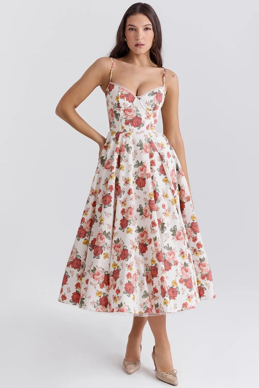 Satin Bustier Strap Tulle Midi Dress