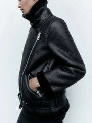 Faux Leather Double-Sided Zipper Biker Jacket
