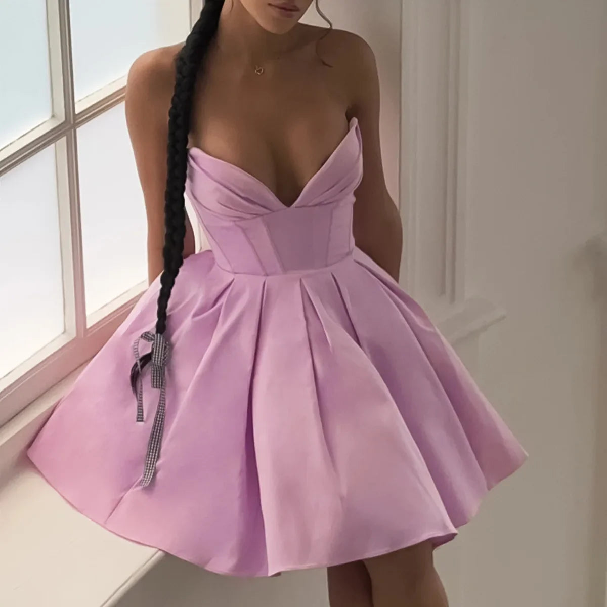 Purple Deep Neck Tube A-line Flare Mini Dress