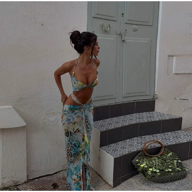 Blue Printed Cut Out Tie Up Maxi Dress â€?V-Neck Style
