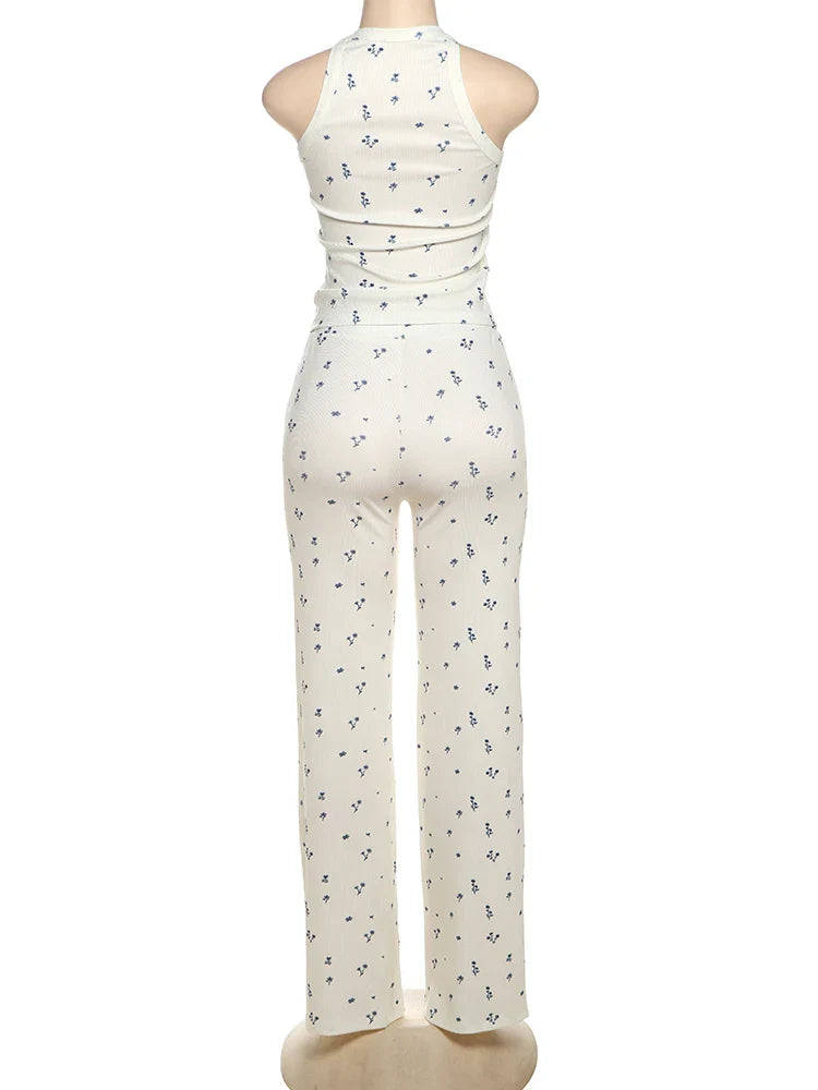 White Printed Ribbed Tank Top And Pants Set