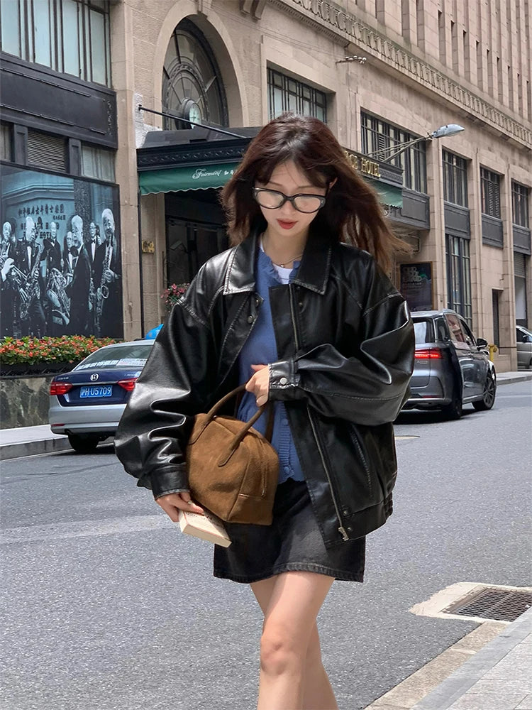 Faux Leather Zipper Over-shirt Jacket