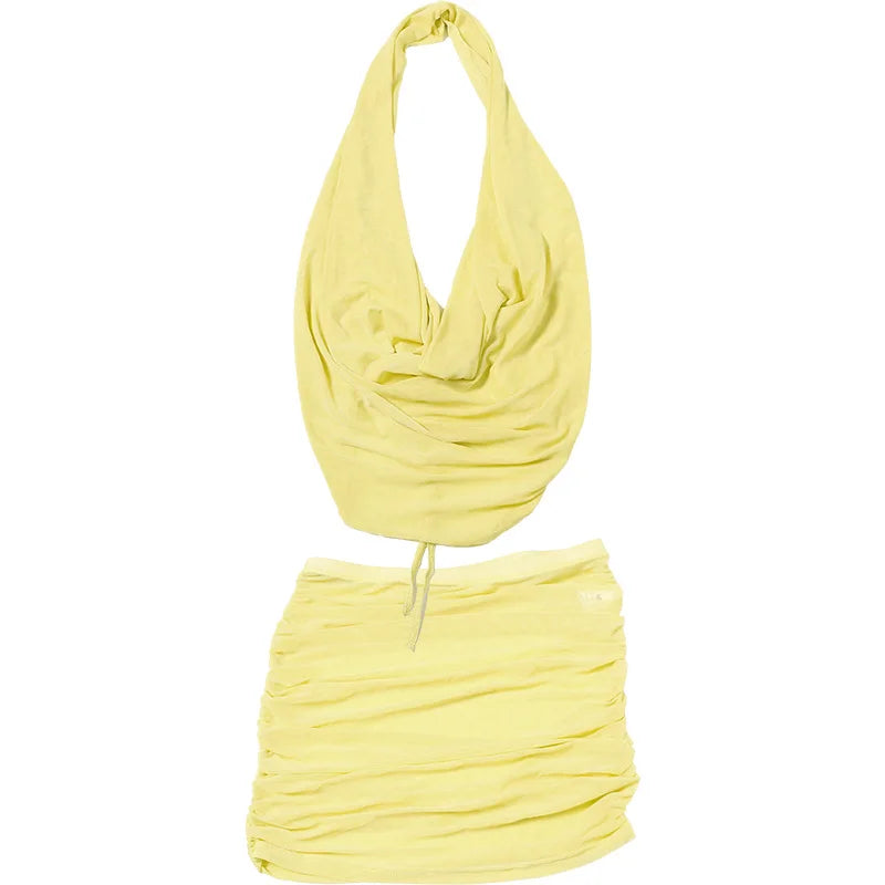 Mesh Cowl Deep Neck Halter Top and Mini Skirt Set