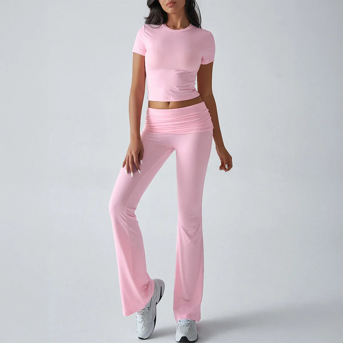 Slim Fit Two Piece Short Sleeve Top & Pant Set - Athleisure Workout Style