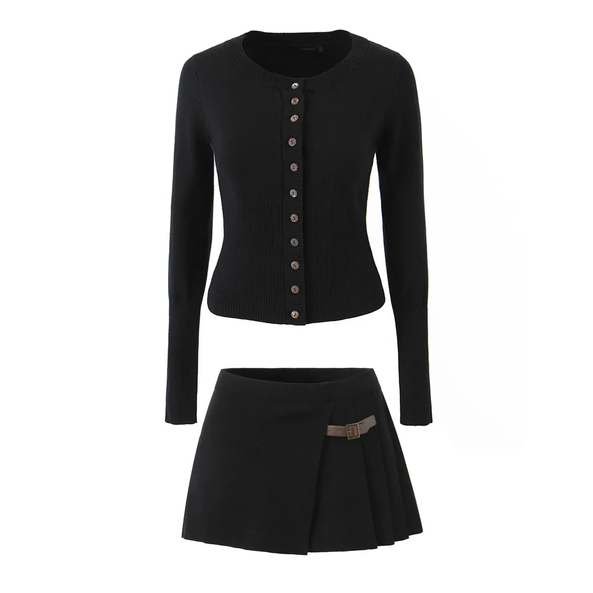 Knit Buttoned Long Sleeve Top And Pleated Mini Skirt
