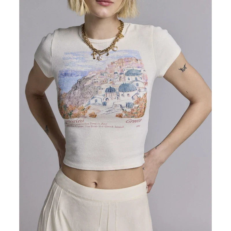 Italy Coast Graphic White Ribbed Top