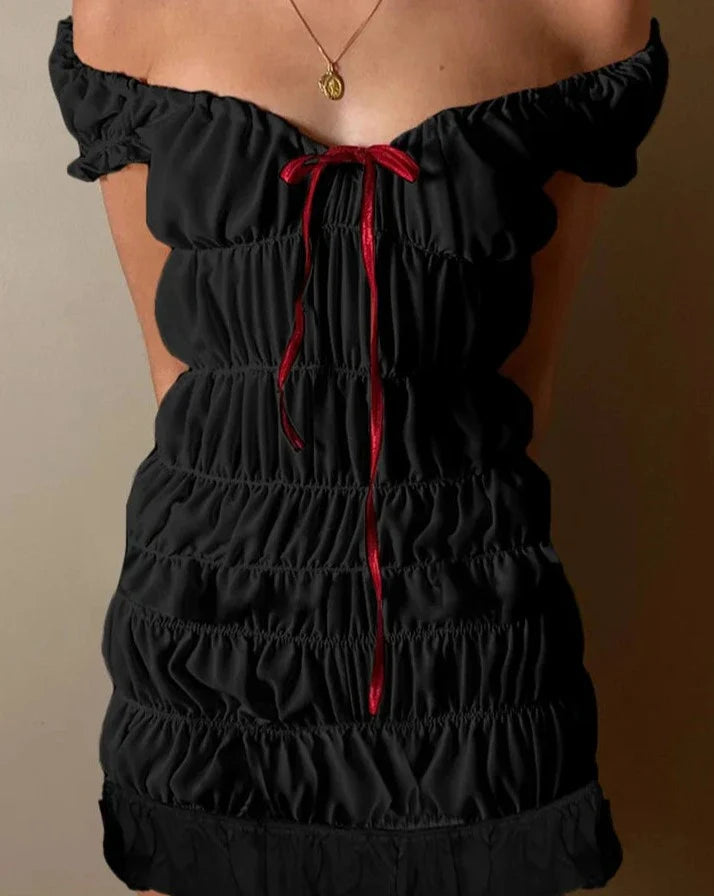 Ruched Drawstring Short Sleeve Mini Dress
