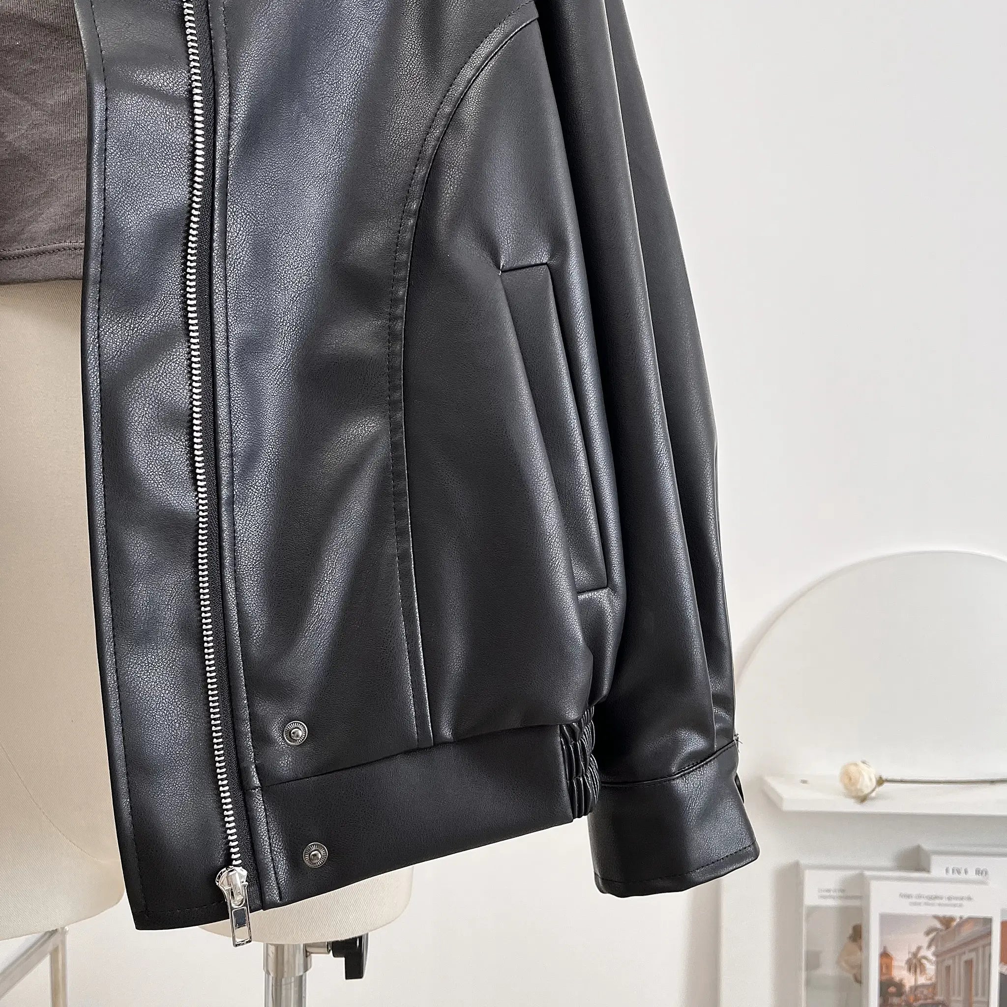 Faux Leather Zipper Over-shirt Jacket