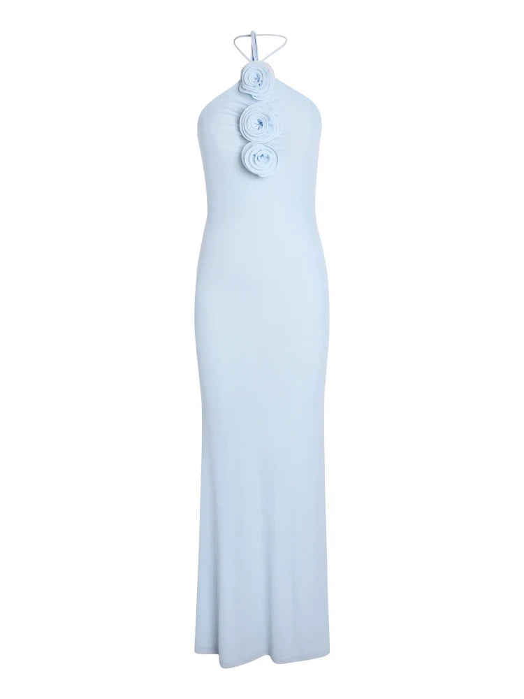 Blue Halter Neck 3D Flower Bodycon Long Dress