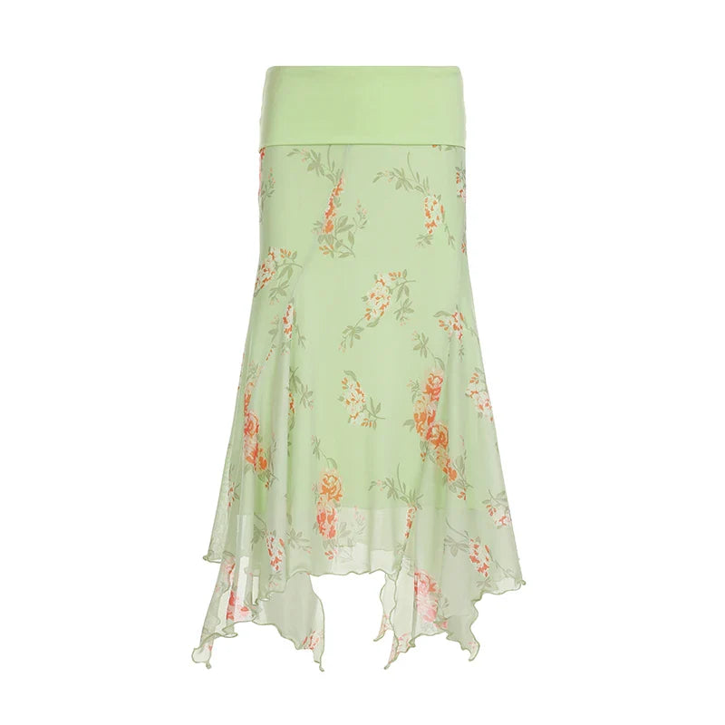 Green Printed Fringe Midi Skirt