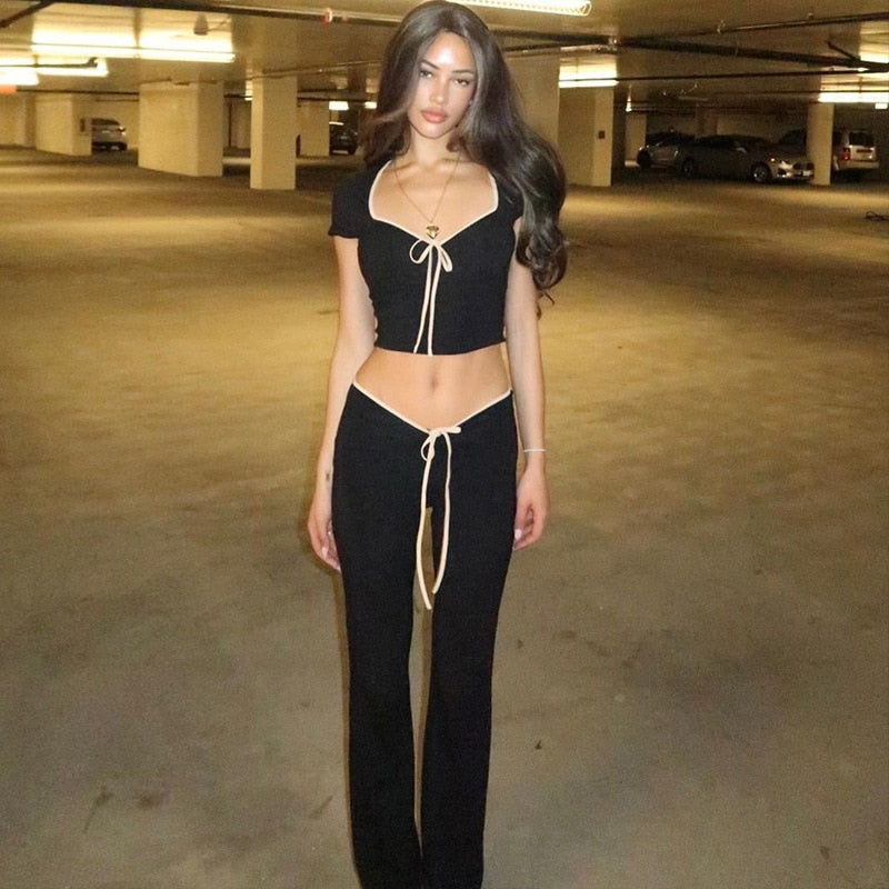 Black Ribbon Tie-Up Top And Pants Two Piece Set