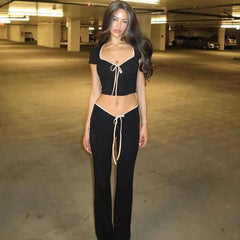 Black Ribbon Tie-Up Top And Pants Two Piece Set
