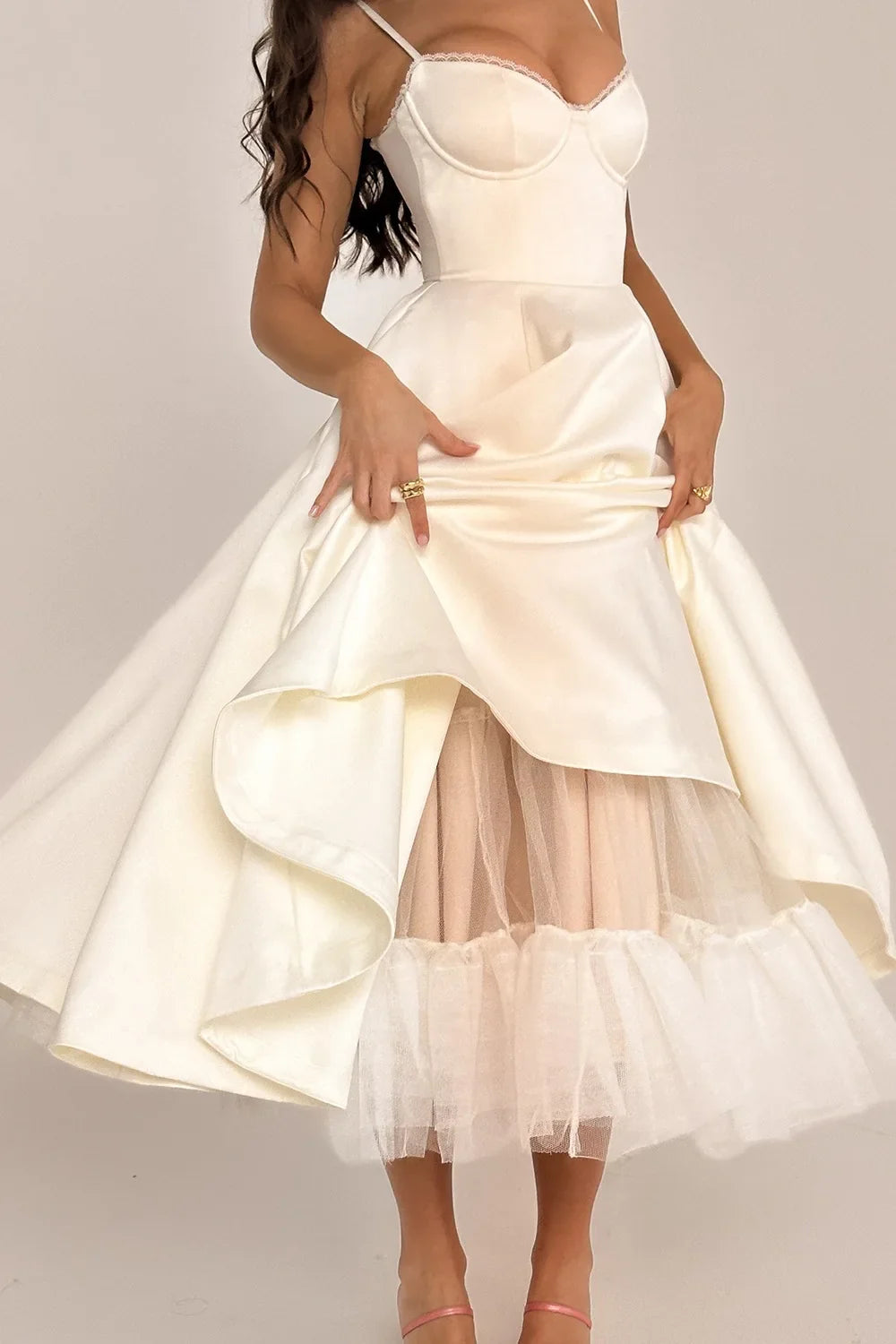 Satin Bustier Strap Tulle Midi Dress