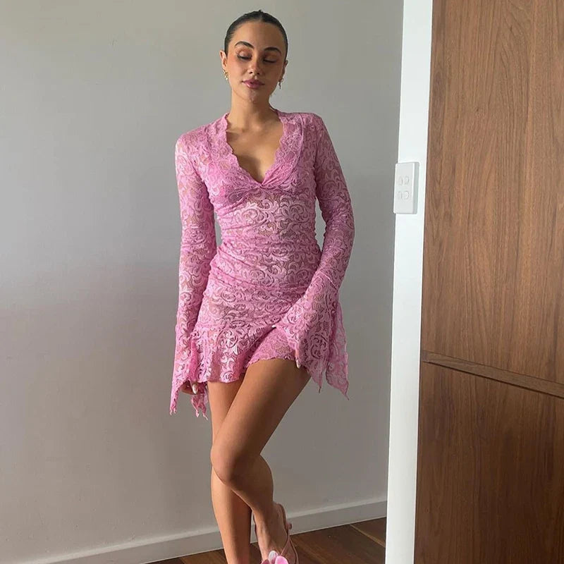 Lace Ruffles Long Sleeve Mini Dress