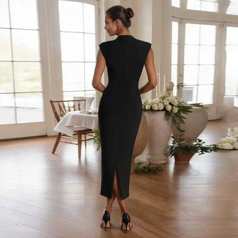 Deep Neck Short Sleeve Solid Midi Dress