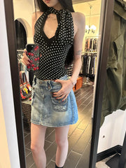 Black Polka Dot Cut Out Tie Up Top