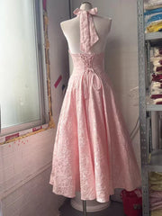 Satin Jacquard Deep Neck Print Flare Maxi Dress