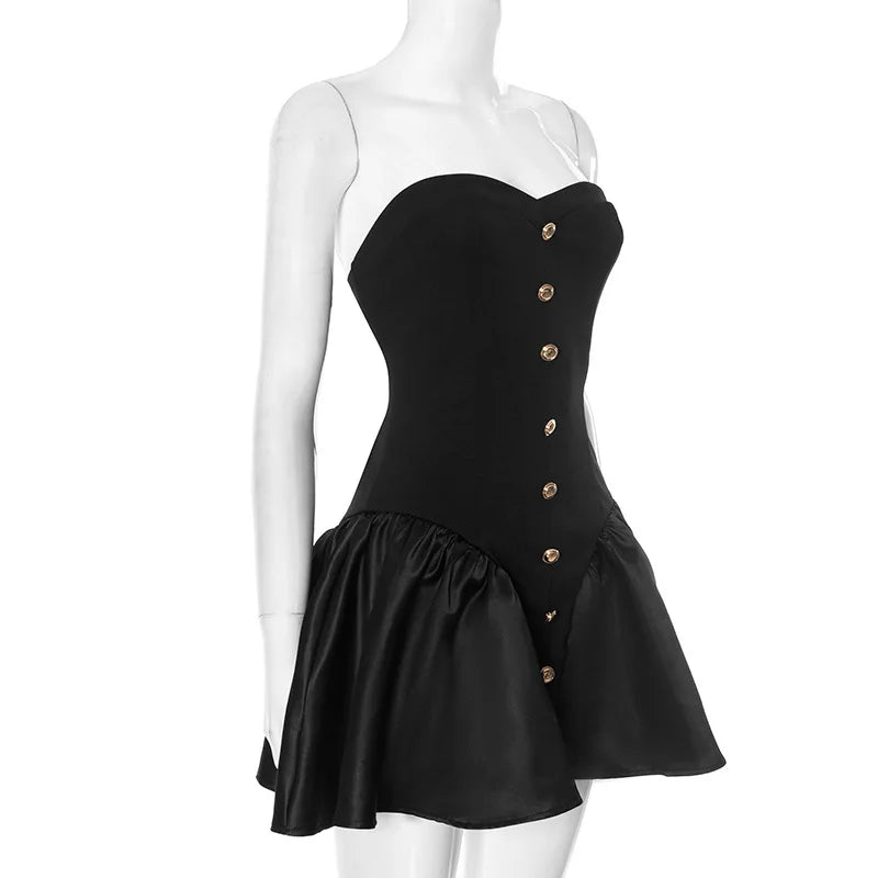 Black Flare Gold Buttoned Strapless Mini Dress