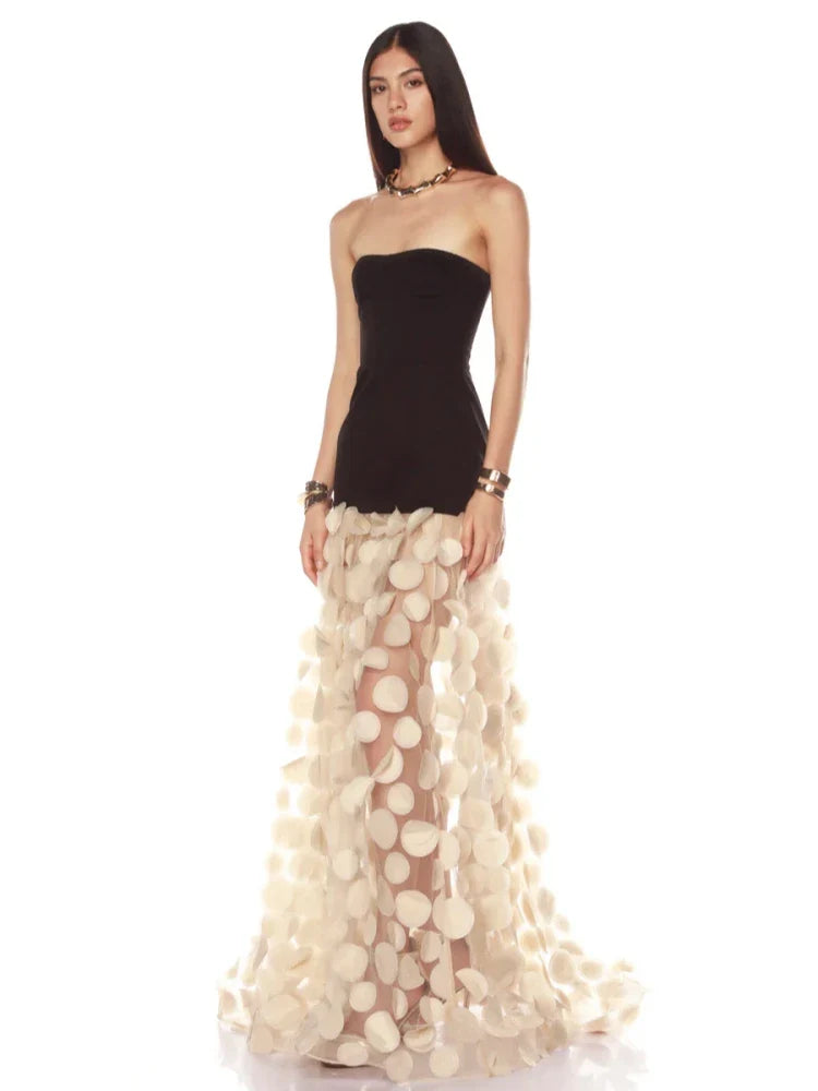 Black Strapless Dot Mesh Long Dress â€?A-Line Empire Waist