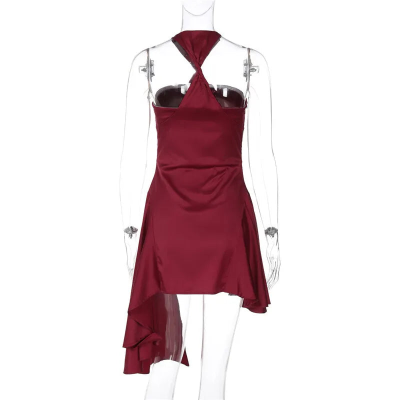Burgundy Twisted Halter Satin Frill Mini Dress