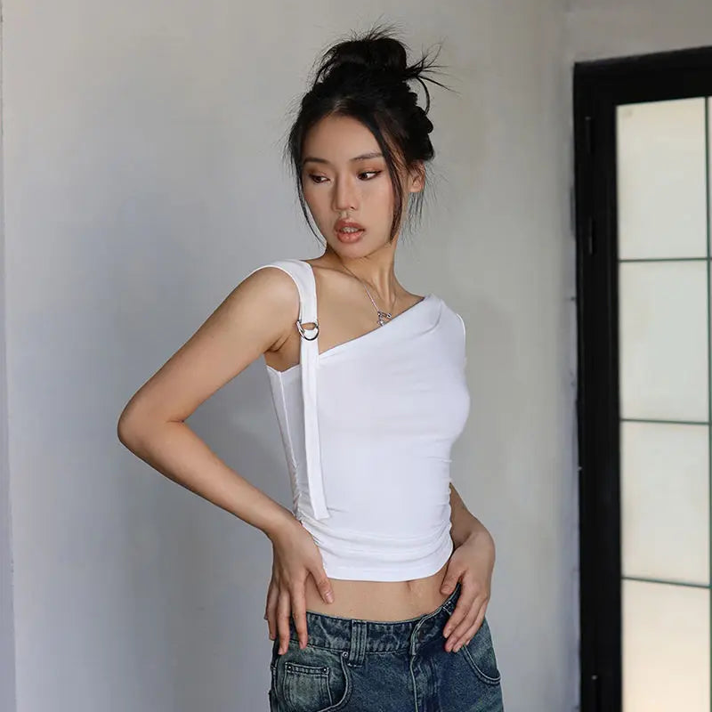 Asymmetric Strap Buckle Sleeve Crop Top