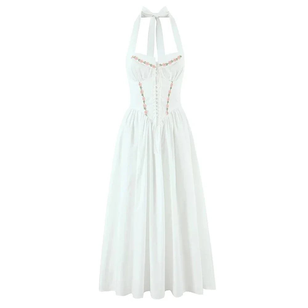 Green Embroidered Halter Midi Dress - A-Line Fit