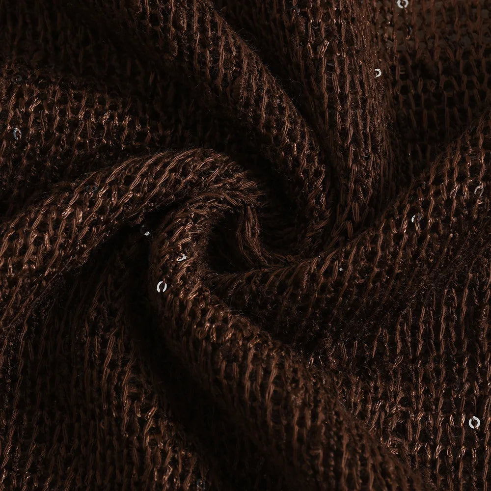 Brown Knit Sheer Halter Deep Neck Sequin Top