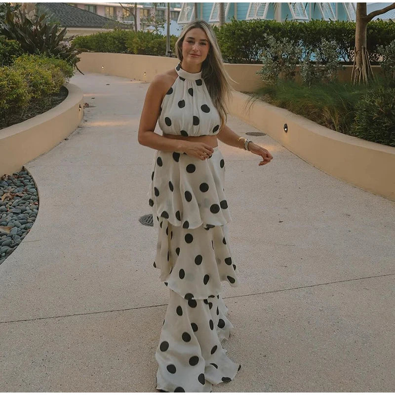 Sleeveless Polka Dot Crop Top And  Multi-Layer Ruffles Skirt Set