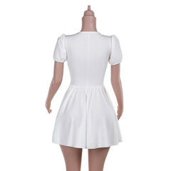 White V-neck Puff Sleeve Corset Mini Dress