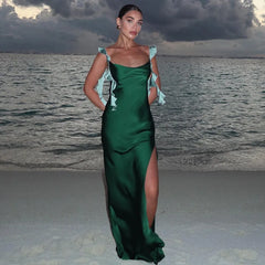 Frill Strap Satin Midi Dress