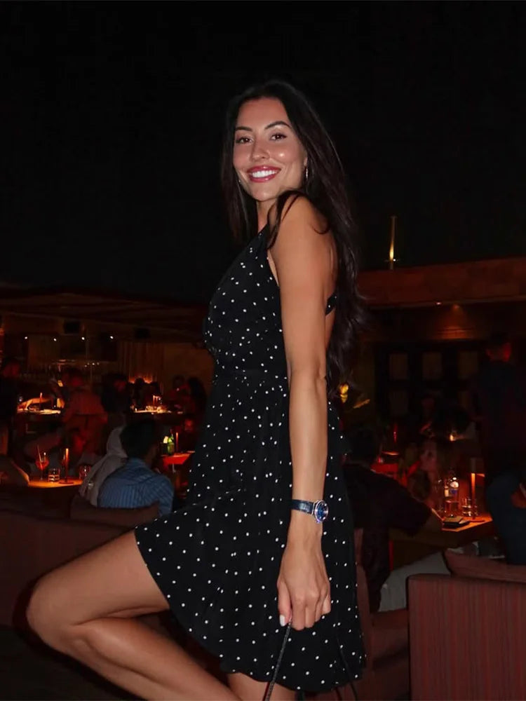 Black Polka Dot V-Neck Sleeveless Mini Dress - Slim Fit