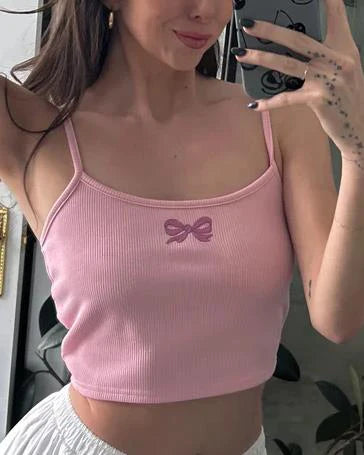 Pink Bow Embroidery Cami Crop Top