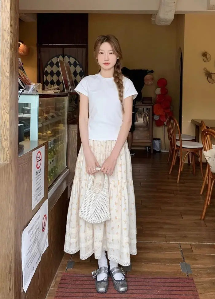 White Floral Midi Skirt - Casual A-Line