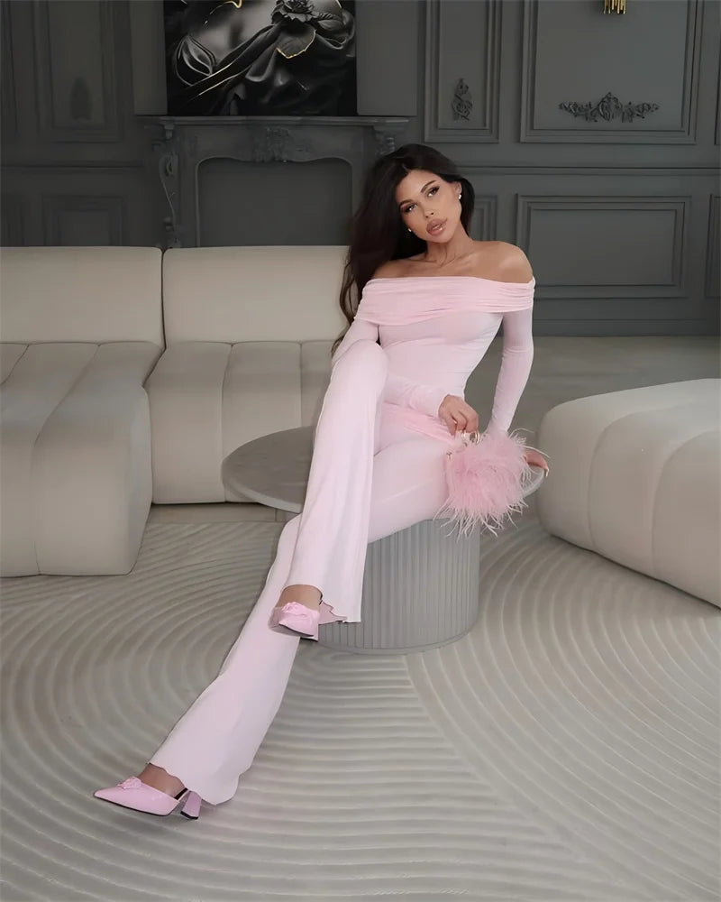 Long Sleeve Off-Shoulder Top And Ruched Pants Set