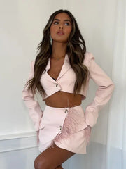Pink Cropped Feather Blazer And Mini Skirt Two Piece Set