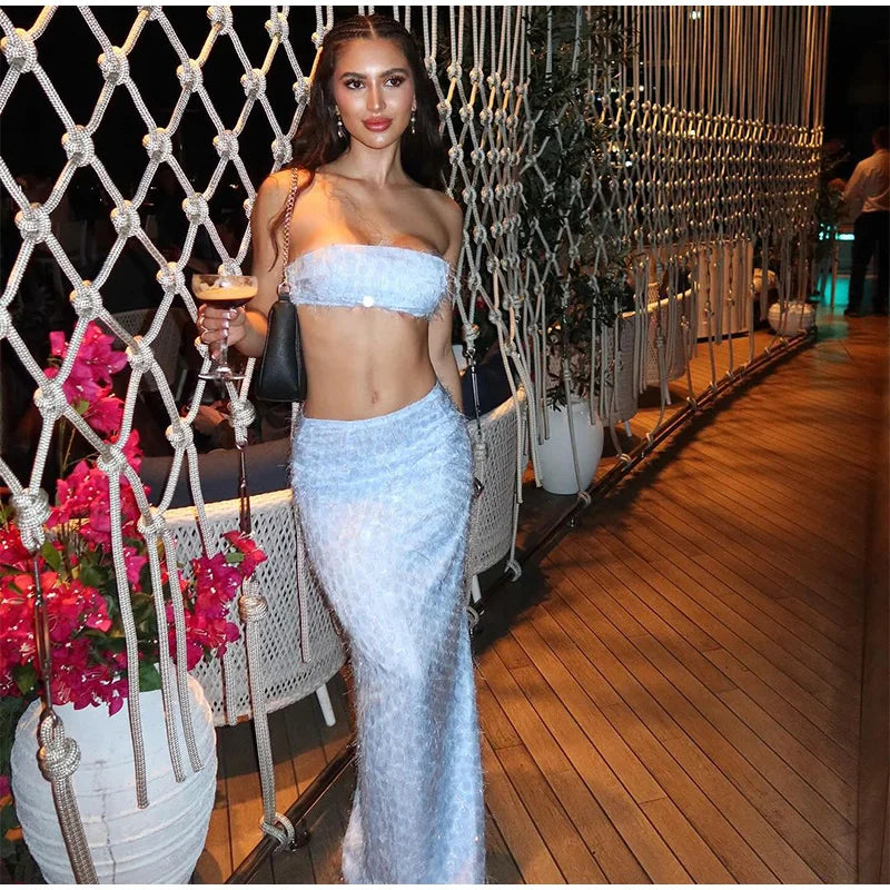 Blue Sequin Tube Top And Maxi Skirt