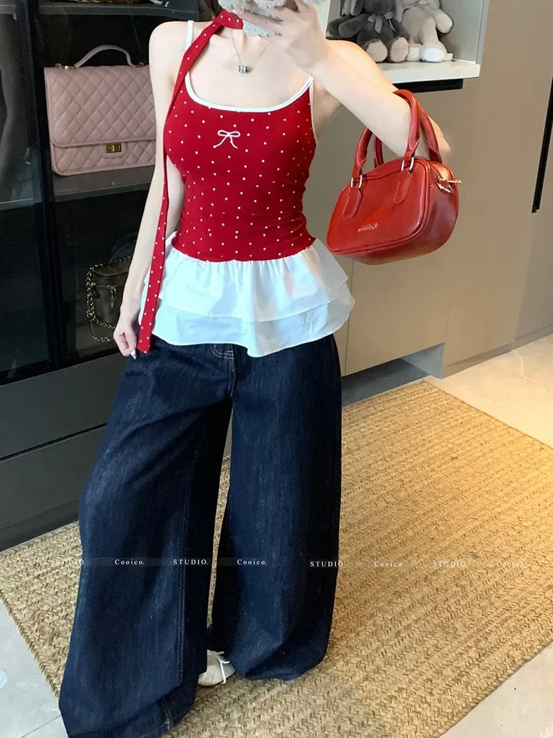 Red Polka Dot Bow Frill Top
