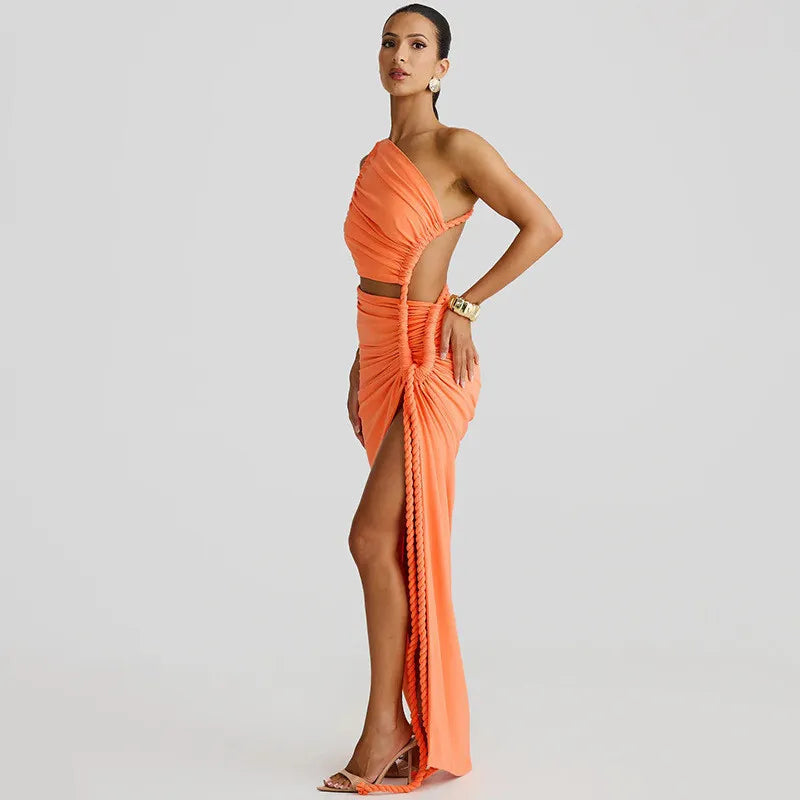 Cut Out Rope Design One Shoulder Slit Midi Dress