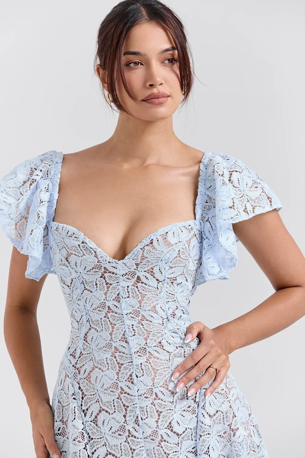 Blue Lace Flare Sleeve Midi Dress