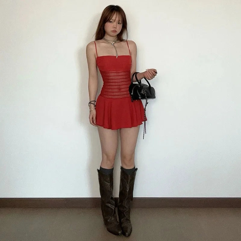 Red Mesh Patchwork Spaghetti Strap Low Cut Mini Dress