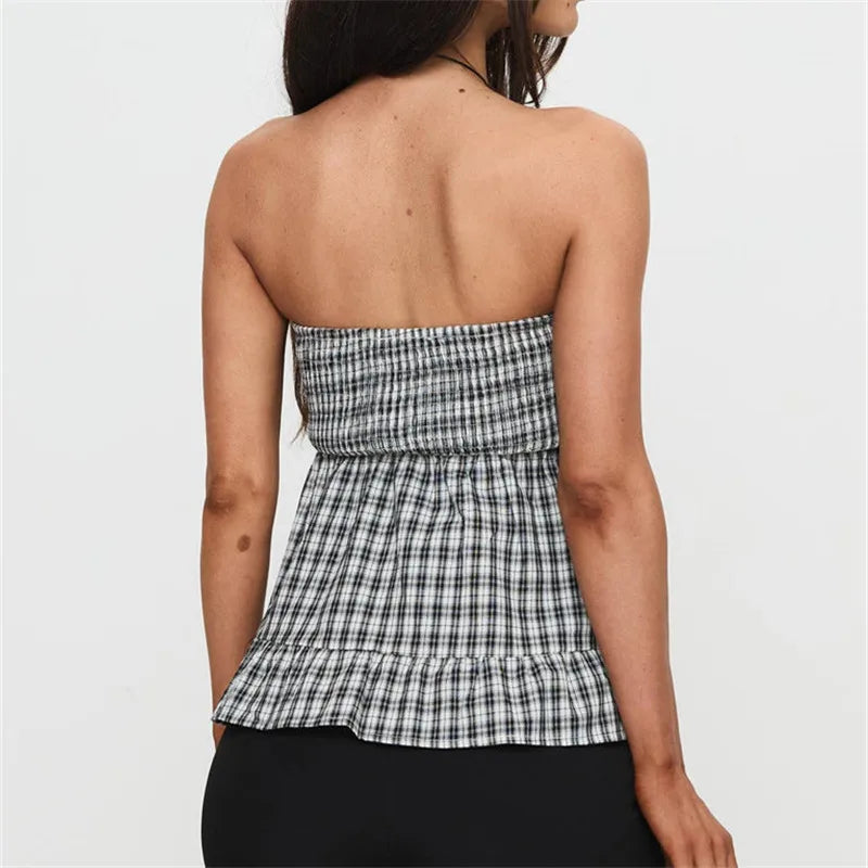 Black Plaid Strapless Peplum Top