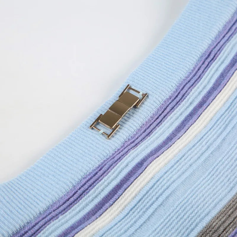Blue Striped Knitted Cami Top And Mini Skirt Set