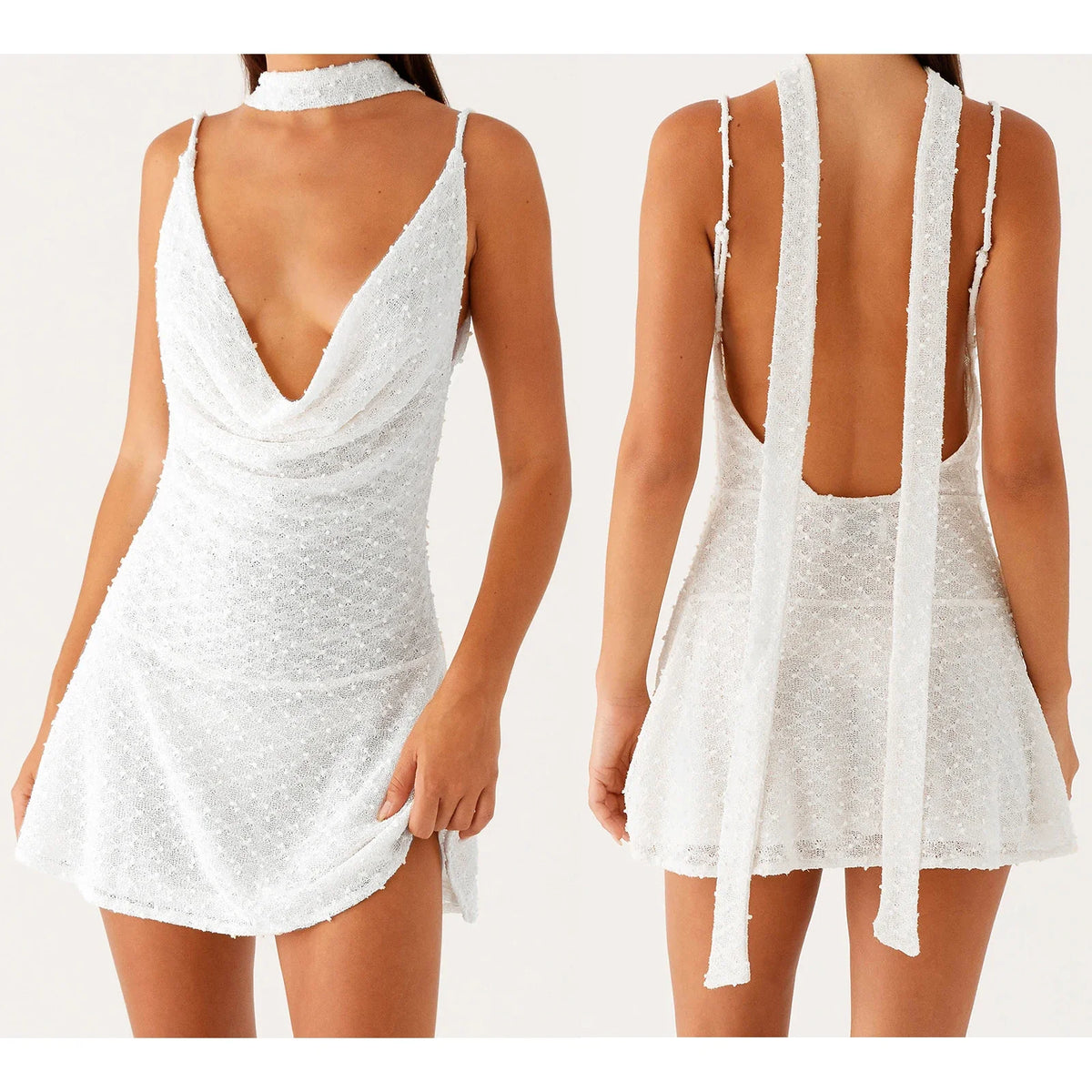 Sheer Cowl Ruffled Hem Cami Dress with Scarf - Mini A-Line