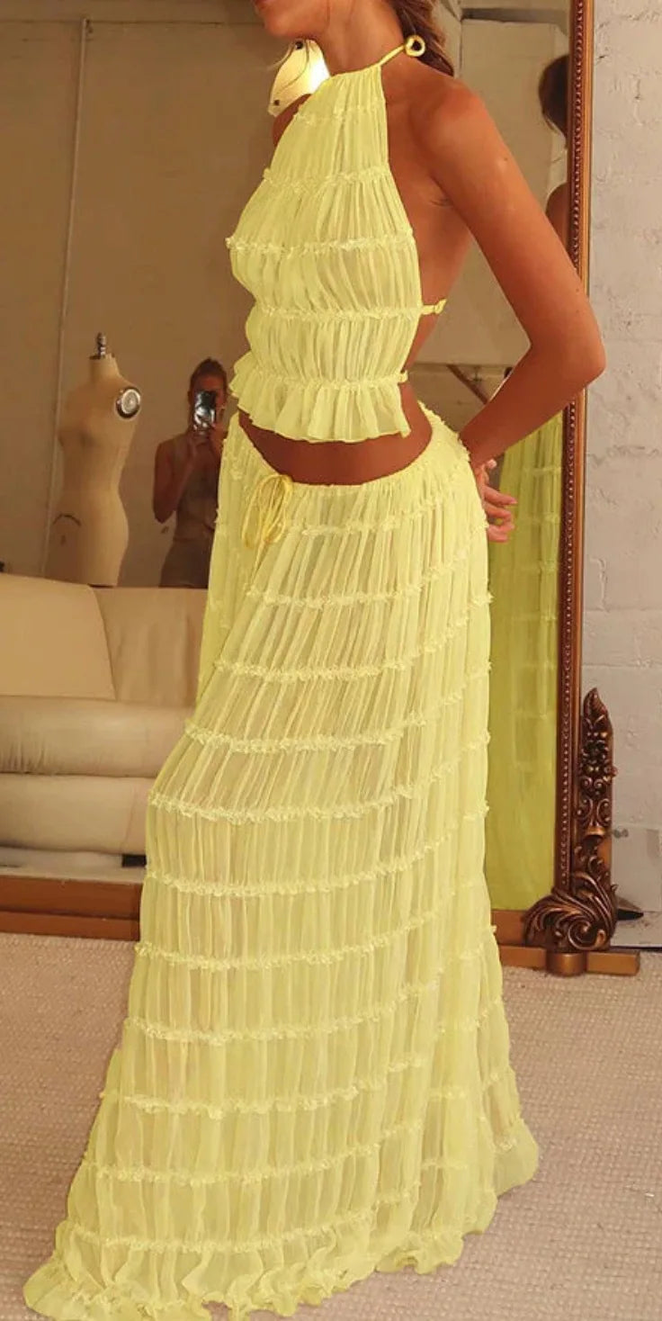 Halterneck Ruched Open Back Tie Up Top And Maxi Skirt Set