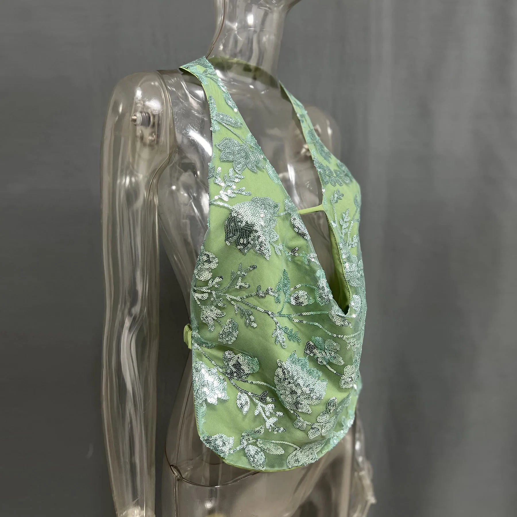 Embroidery Sequin Deep Neck Halter Open Back Top