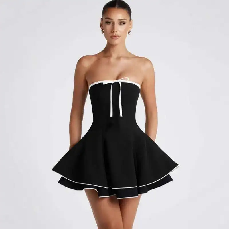 Black Tube Flare Bow Mini Dress